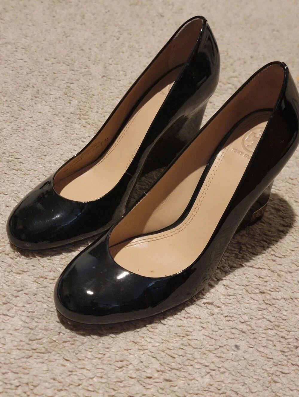 Tory Burch Astoria Black Patent Leather Wedge Heels Size 7.5